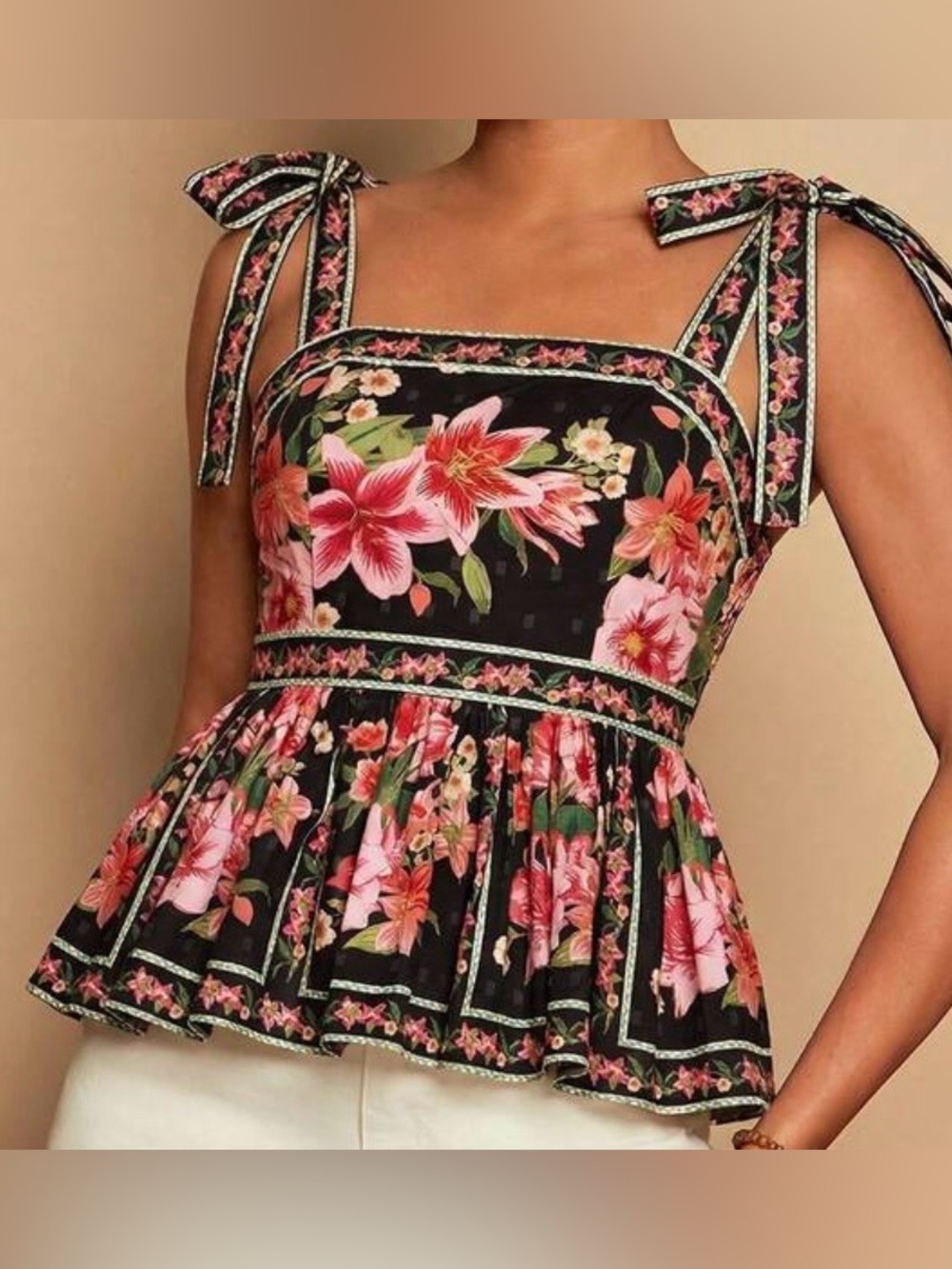 Black w/Pink Floral Tie-Shoulder Top - Size L
